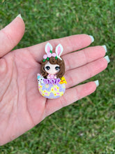 Load image into Gallery viewer, Purple Yellow Egg Girl mini clay bow
