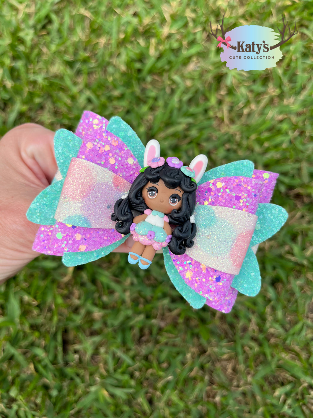 Aqua Bunny Ears Girl clay bow