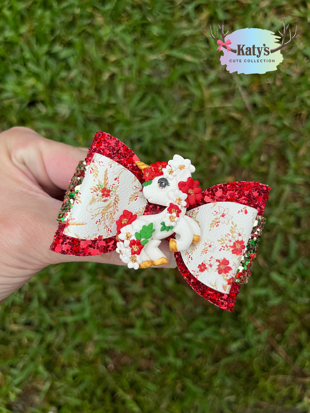 Christmas Unicorn mini clay bow