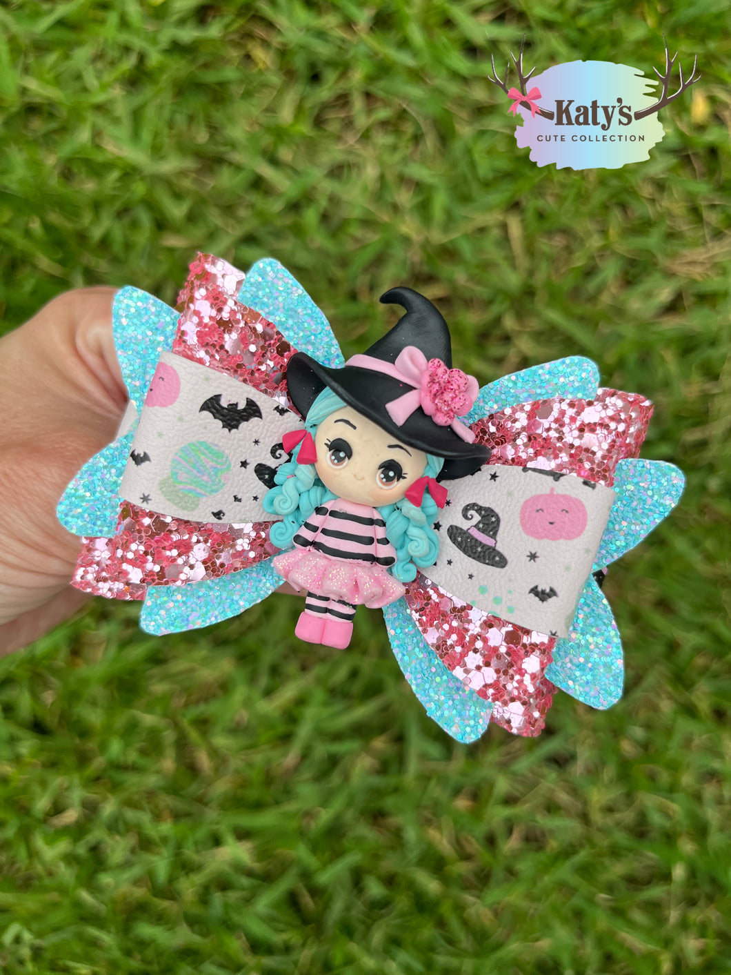 Aqua Pink Witch clay bow