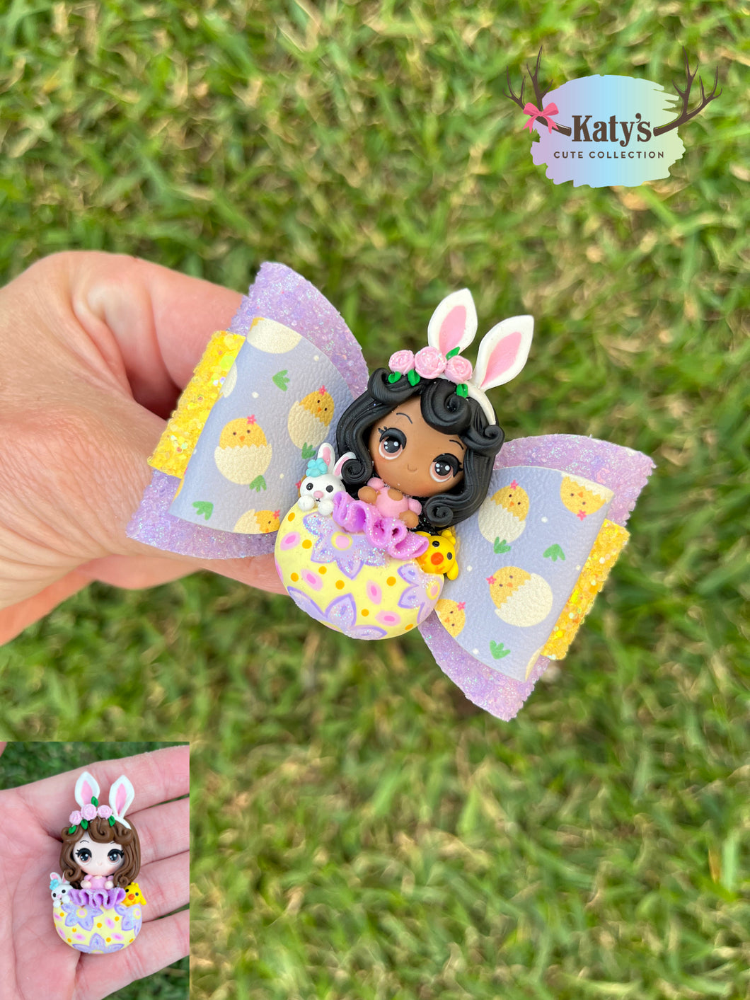 Purple Yellow Egg Girl mini clay bow
