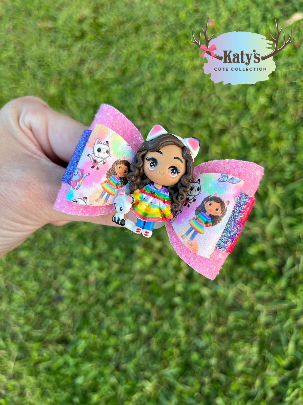 Rainbow Cat Girl mini clay bow