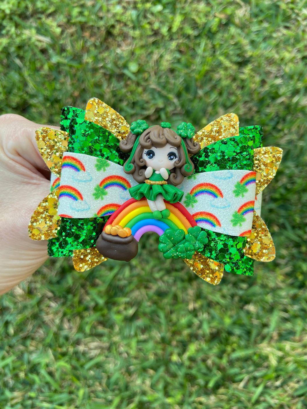 Rainbow Gold Girl clay bow